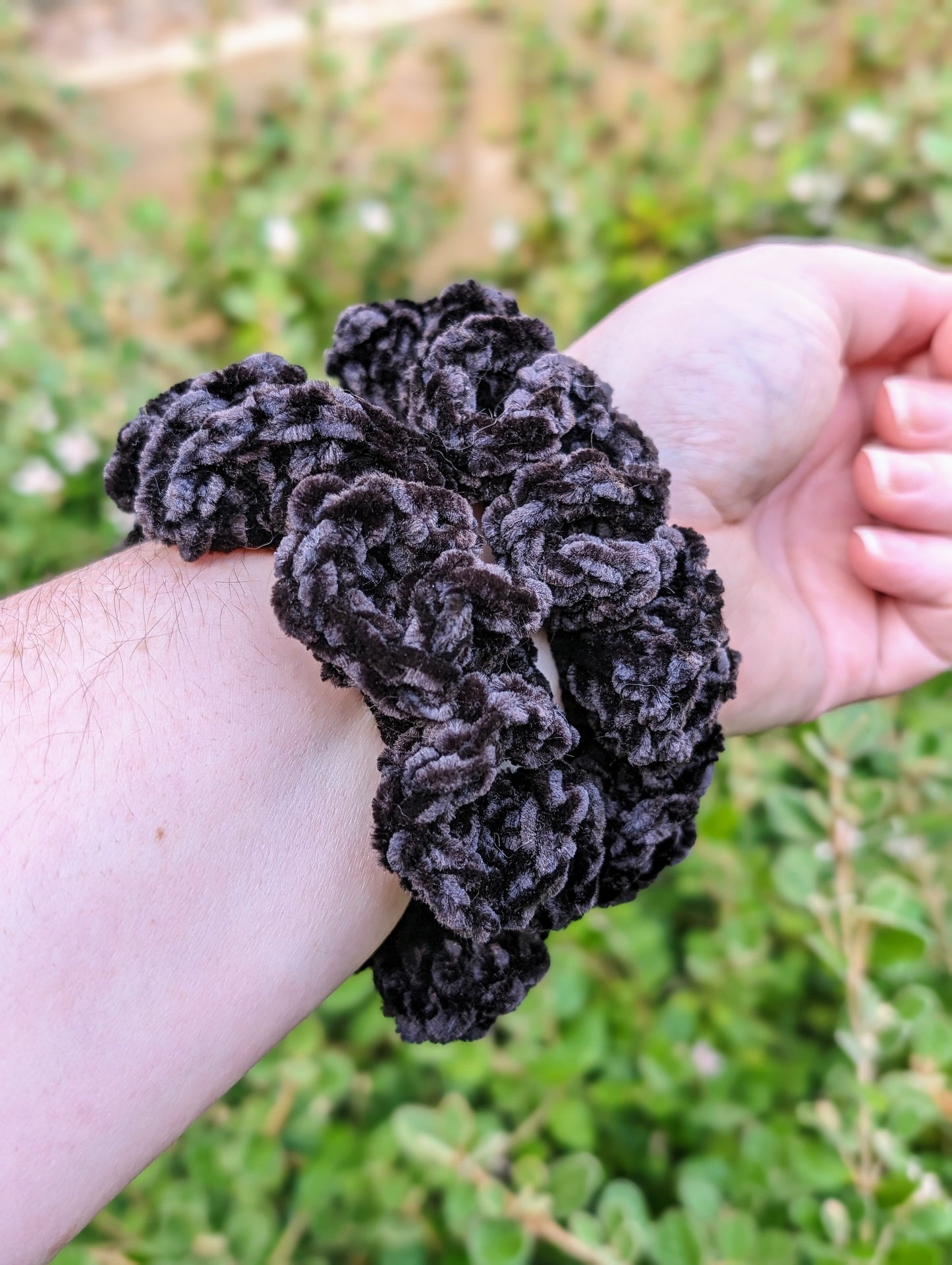 Handmade crochet velvet scrunchy in black colour