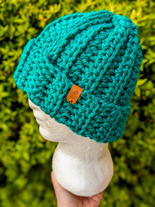 Handmade crochet super chunky beanie in teal with folded brim 