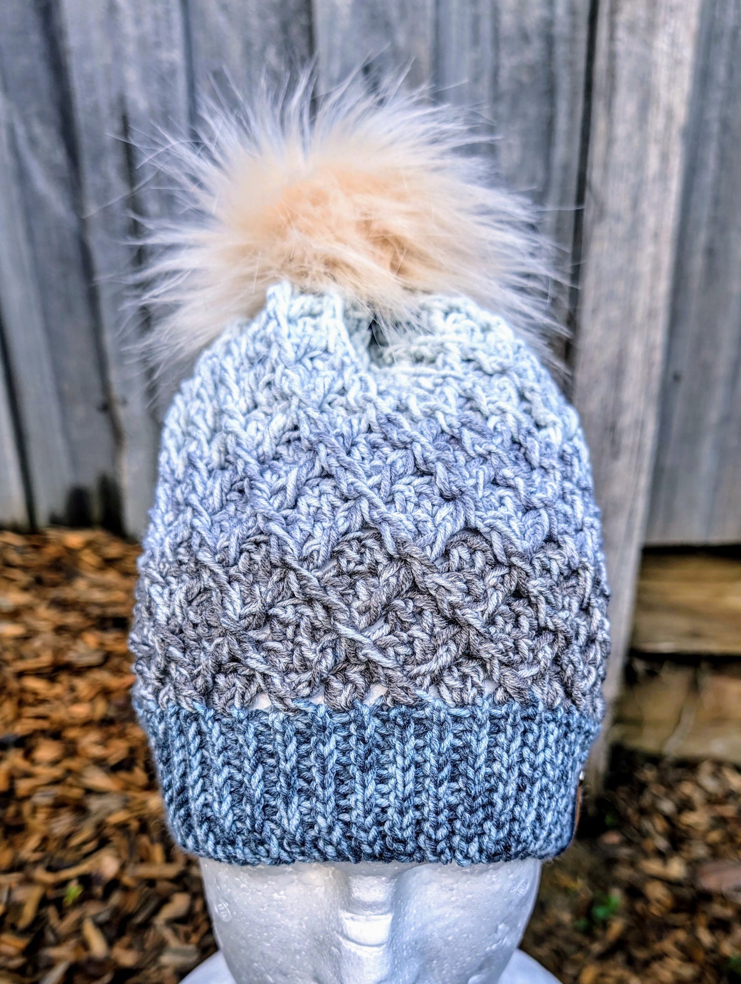 Fashionable handmade crochet waffle beanie grey ombre with pom pom and ribbed brim