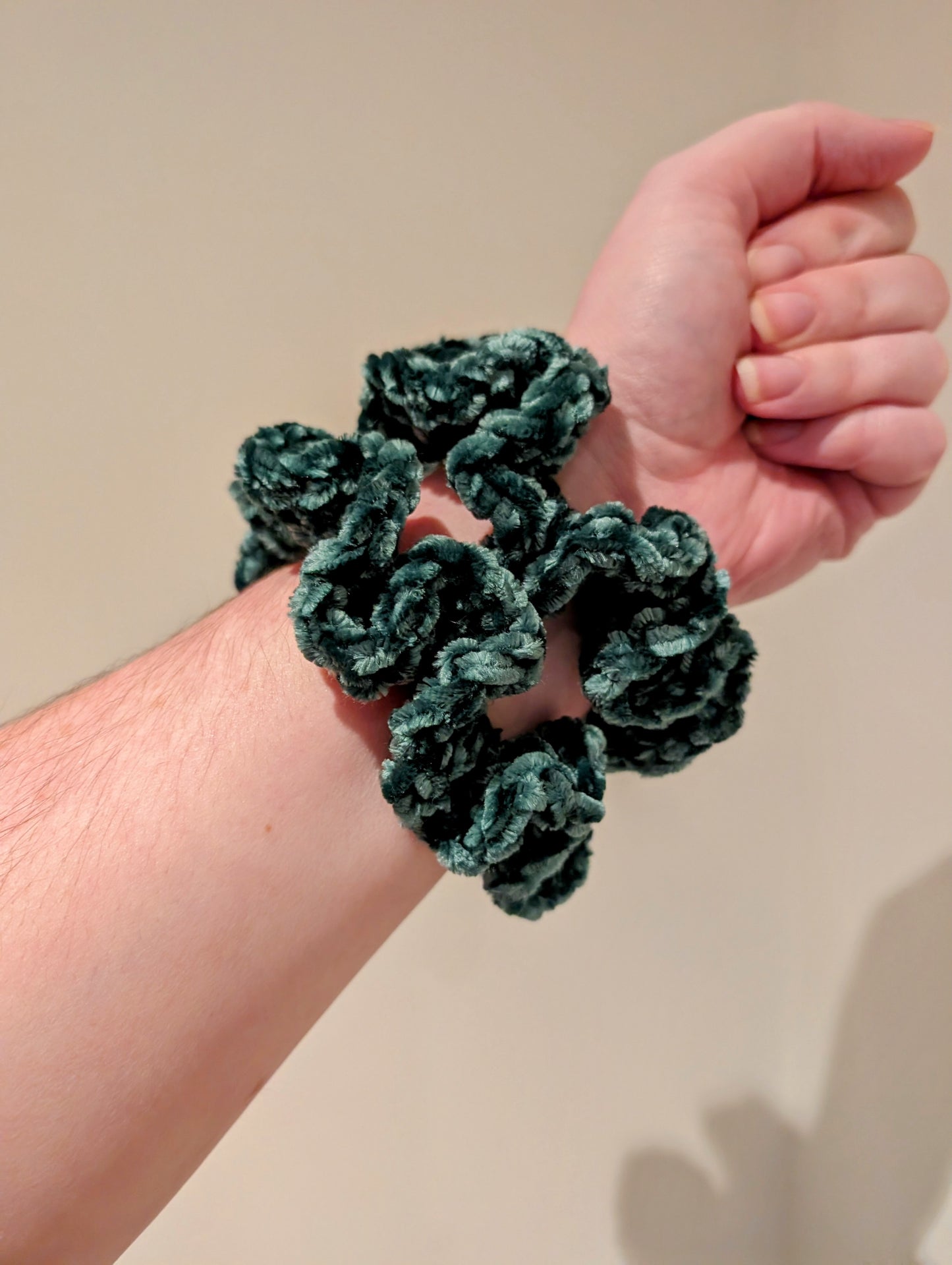 Pine colour handmade crochet scrunchy velvet