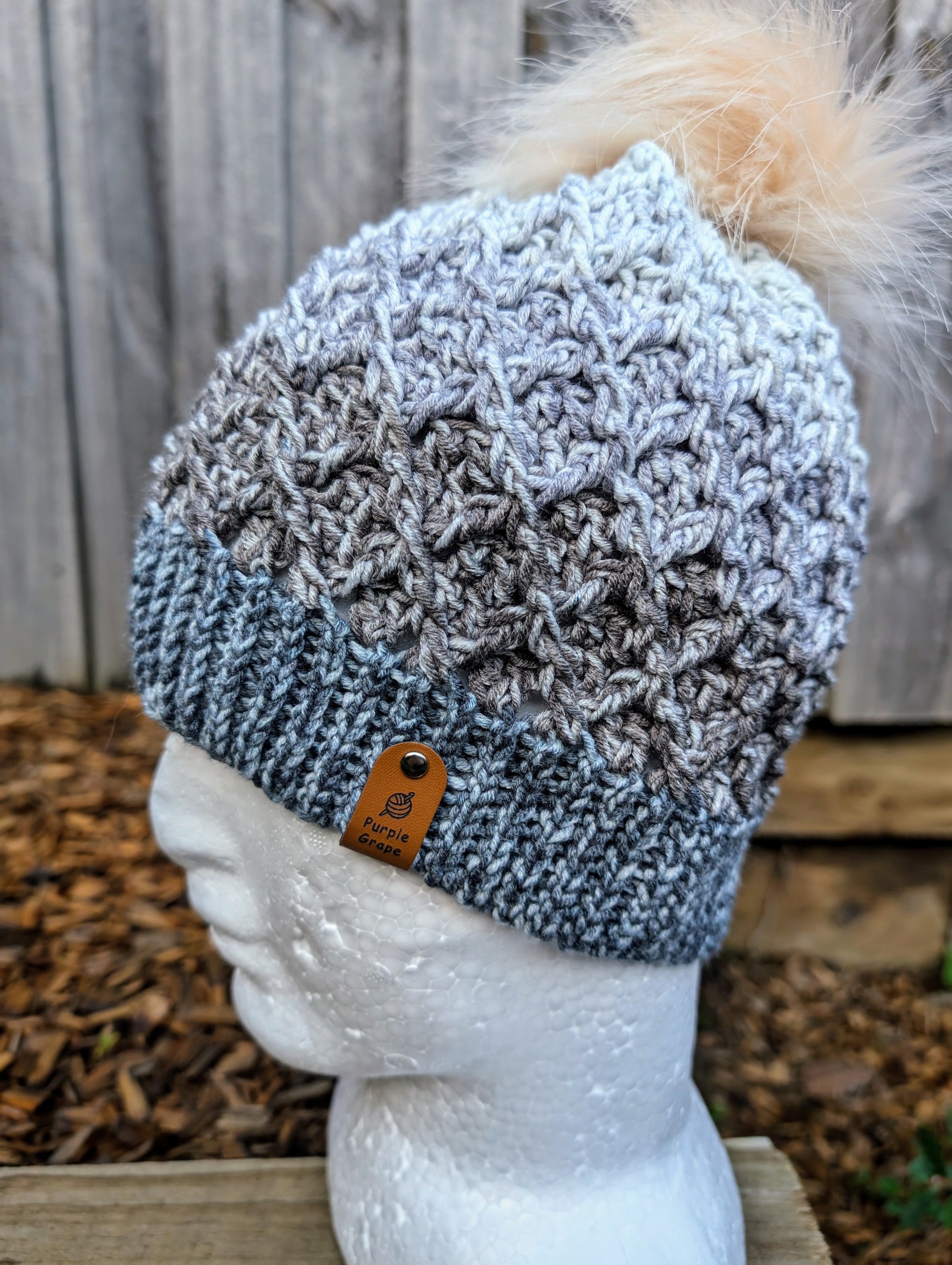 Handmade crochet fashion waffle stitch beanie grey ombre with pom pom and ribbed brim