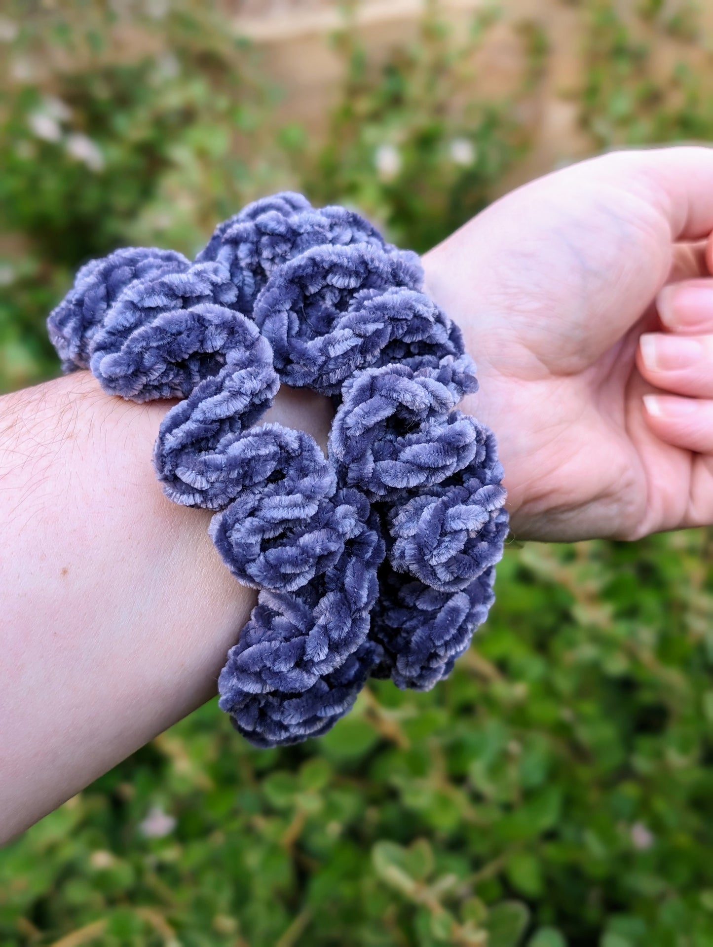 Velvet crochet scrunchy handmade indigo