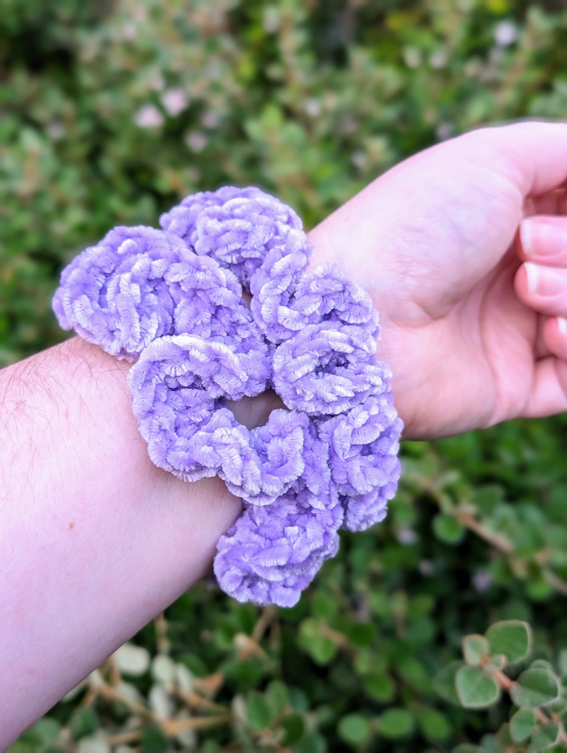 Handmade velvet crochet scrunchy purple