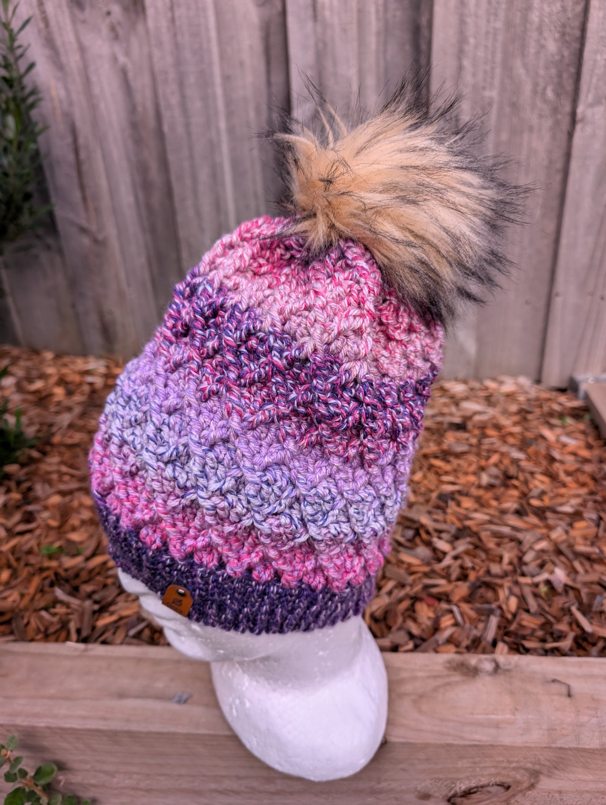 Handmade crochet fashion chunky waffle beanie purple ombre with pom pom and ribbed brim